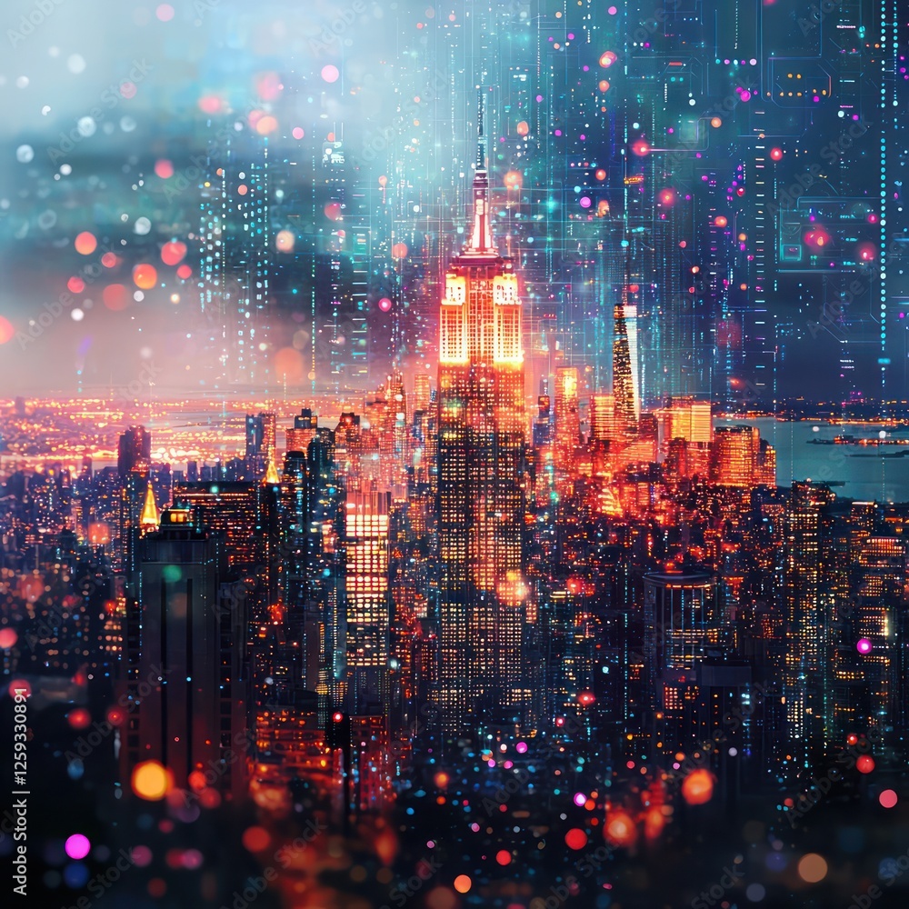 Poster digital skyline flowing with interconnected signals, forming structured ai-powered city networks.