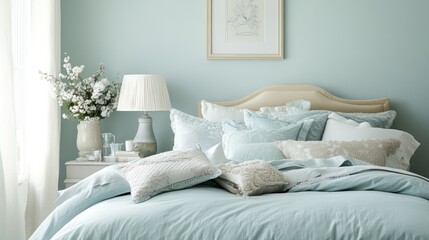 A calm and inviting guest bedroom with mint green walls and comfortable bedding.