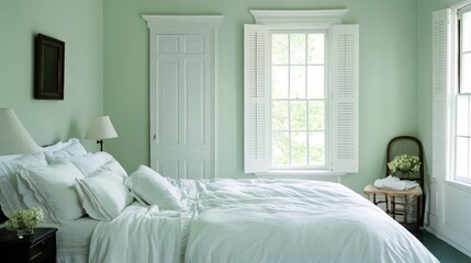 A calm and inviting guest bedroom with mint green walls and comfortable bedding.