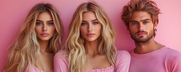 Fototapeta premium Two Blonde Women and a Man Against a Pink Background