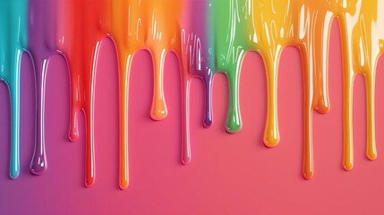 Vibrant Rainbow Paint Dripping Down a Pink Surface Abstract Art