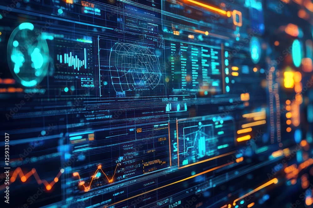 Poster real-time analytics visualized with futuristic graphs on a digital dashboard.