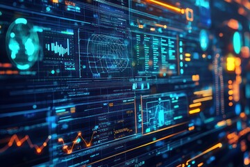 Fototapeta premium Real-time analytics visualized with futuristic graphs on a digital dashboard.