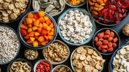 Variety of Colorful Snacks and Dried Fruits in Bowls on Table