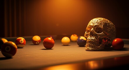 Ornate Golden Skull on Billiards Table with Balls in Moody Lighting