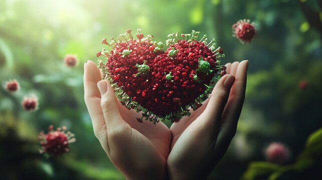 Doctor holding heart shaped coronavirus with open hands