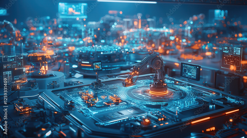 Poster smart factory with glowing robotic arms and digital interfaces, showcasing advanced technology and a