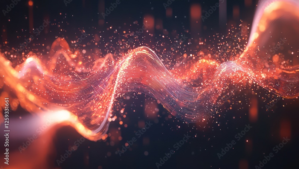 Poster sound frequencies manifest as glowing oscillations, forming fluid dynamic patterns.