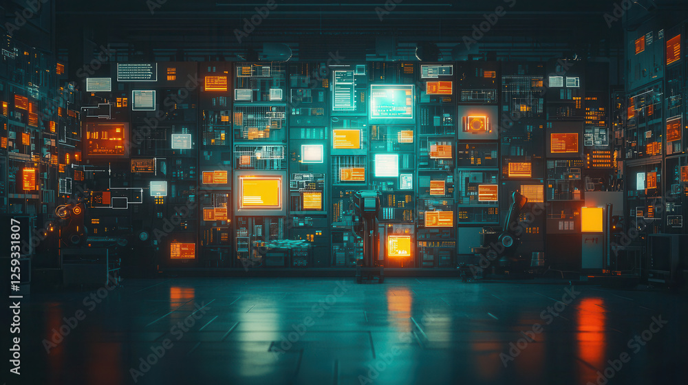 Aufkleber smart factory with glowing robotic arms and digital screens, showcasing advanced technology and auto