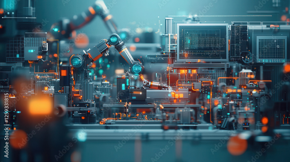 Aufkleber smart factory with robotic arms and digital interfaces, showcasing advanced technology and automatio
