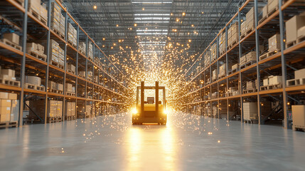 Autonomous forklift in smart warehouse with glowing sparks, showcasing modern logistics technology and efficient storage solutions