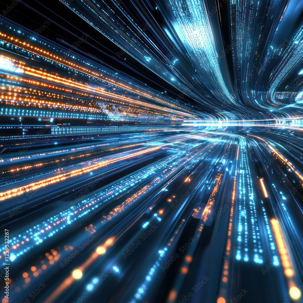 Poster cyberpunk elements influence dynamic light trails in an abstract technology setting.
