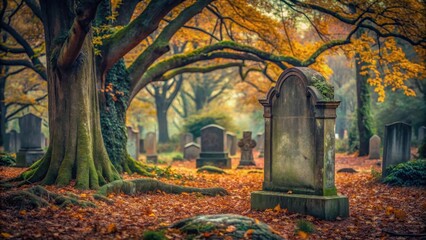 A weathered old gravestone stands alone amidst a sea of overgrown graves, surrounded by ancient trees with gnarled branches and leaves in autumnal hues , decay, trees