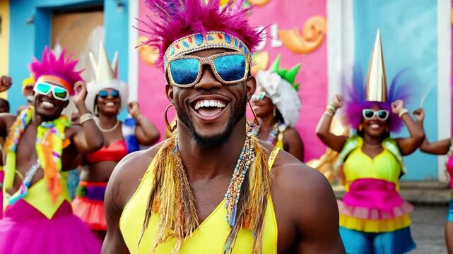 Carnival Celebration:  A joyful, vibrant scene of a man in a pink mohawk and sunglasses leading a group of dancers in colorful costumes during a carnival celebration. The energy is contagious.