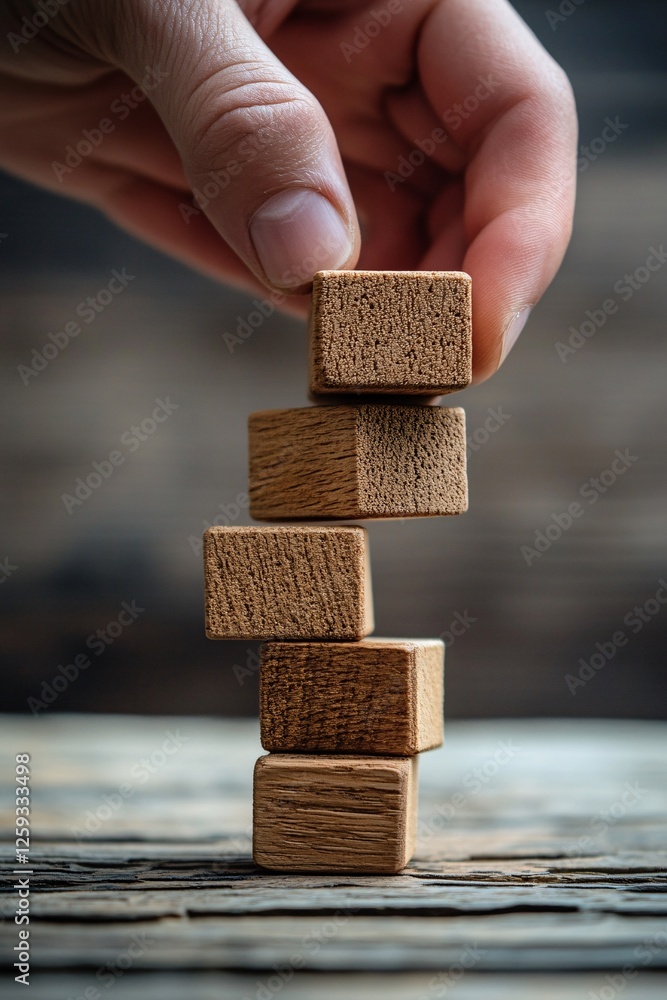 Poster businessman building a tower with wooden blocks on rustic background