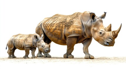 Obraz premium Mother and baby rhinoceros walking together on a sandy surface in a natural habitat setting