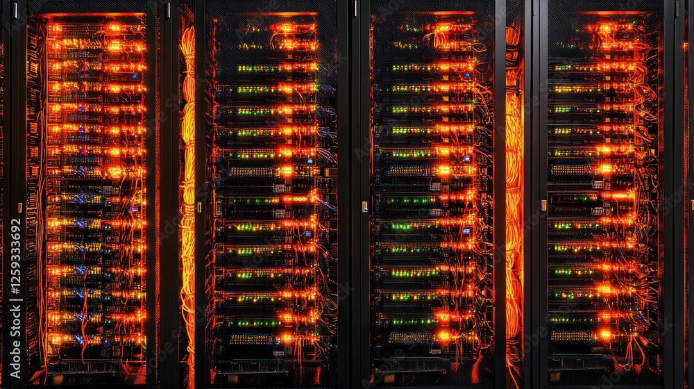 Poster illuminated server racks in a modern data center