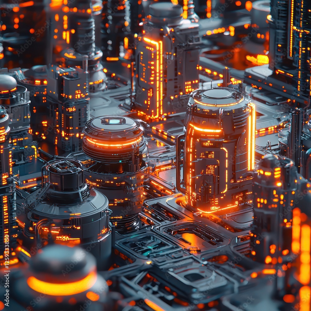 Aufkleber futuristic glowing infrastructures and high-tech architecture define cityscape.