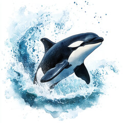 Fototapeta premium Illustration painted in realistic boho killer whale is jumping out of water with joy