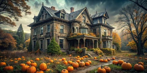 Abandoned mansion with overgrown vegetation and eerie pumpkins