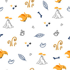 Cute seamless pattern with various dinosaurs, mountains, volcanoes, palm trees, clouds, eggs, footprints. Vector illustration. Creative kids background for fabric