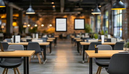 Modern coworking space interior design, featuring wooden desks, black chairs, and industrial-style lighting.  Empty workspace ready for business.