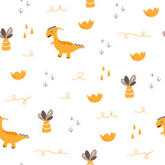 Cute seamless pattern with various dinosaurs, mountains, volcanoes, palm trees, clouds, eggs, footprints. Vector illustration. Creative kids background for fabric