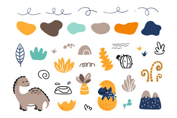 Cute vector set with different dinosaurs, mountains, volcanoes, palm trees, clouds, eggs, footprints. Vector illustration. Creative children's animals.
