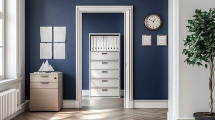 A home office with indigo-colored walls, a white filing cabinet, and wooden flooring.