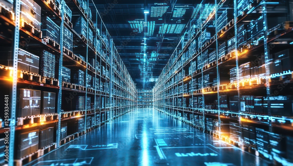 Aufkleber advanced logistics data displayed holographically in a modern warehouse.