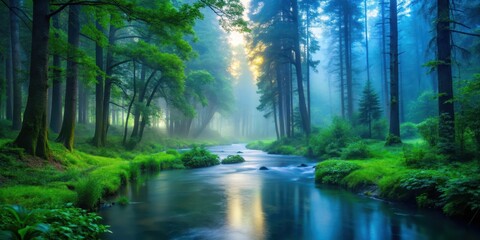 Obraz premium Serene forest at dusk with misty fog rolling in amidst tall trees and lush greenery