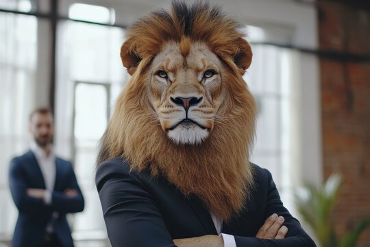 Businessman with Lion Head Symbolizing Strength and Confidence