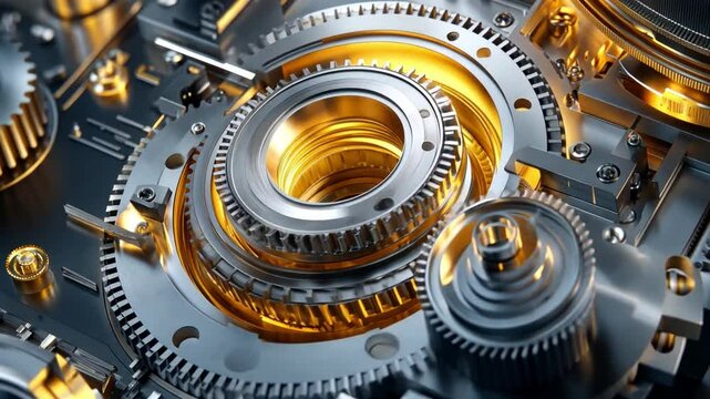 Golden Gears in Motion: Intricate metal gears, gleaming with polished gold and silver, interlock and rotate in a mesmerizing display of precision engineering. The image evokes a sense of power.