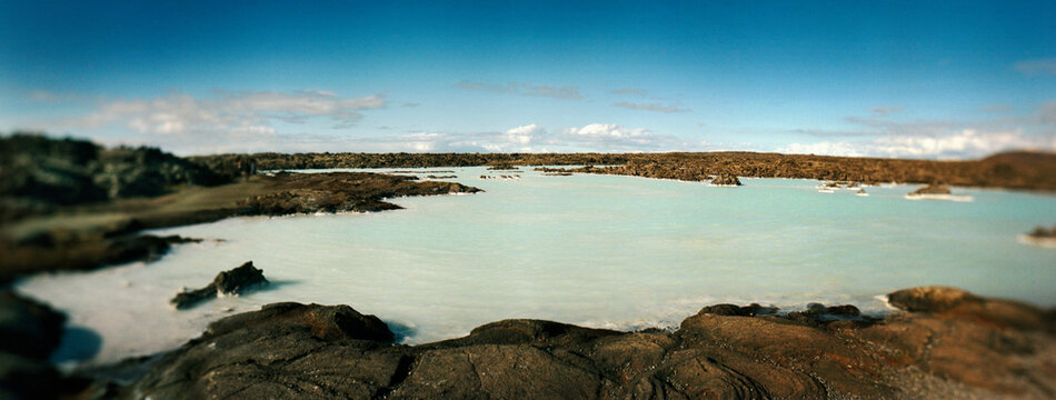 Panoramic view of the blue lagoon geothermal waters outside the Blue Lagoon Spa, Grindavik, Iceland.
