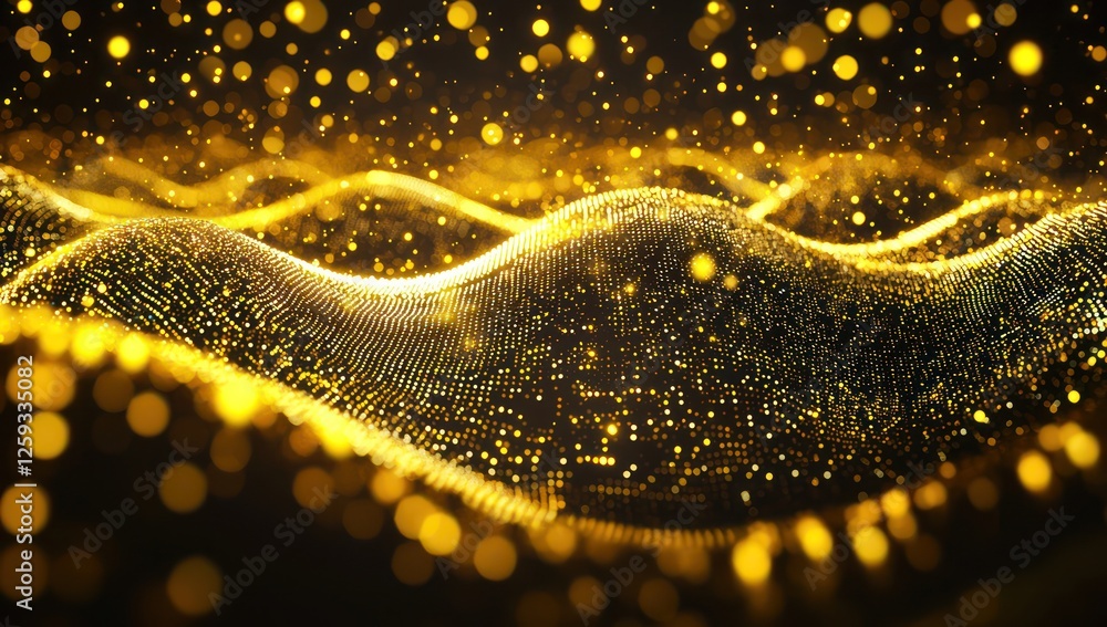 Poster particle-based sound analytics shaping ai intelligence , flowing golden frequency waves.