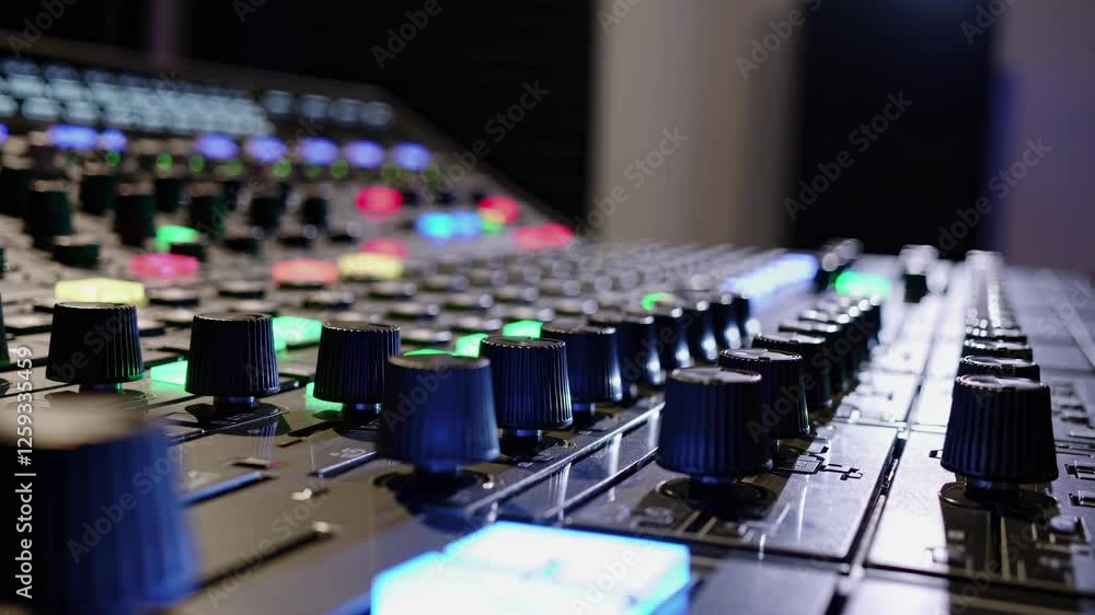 Poster close-up video of a sound mixing console, shot from a low angle, highlighting colorful knobs and but