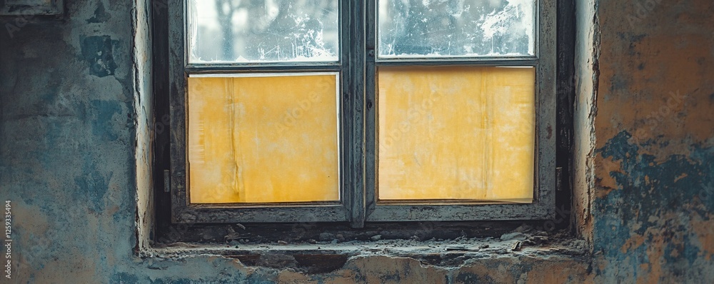 Aufkleber old window showing crumbling plaster wall with boarded up windows