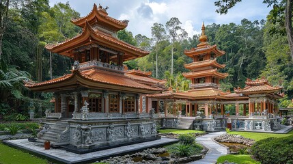 Elegant Asian Temple Structures Nestled Amongst Lush Greenery