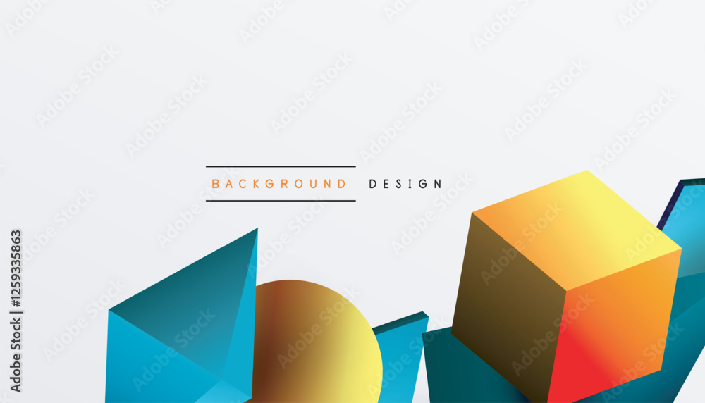 Poster abstract design showcasing isometric cubes, pyramids, squares, and spheres in a vibrant 3d layout. m
