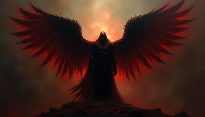 Fototapeta premium Crimson Fallen Angel: A Digital Painting of a Dark Angel with Massive Wings