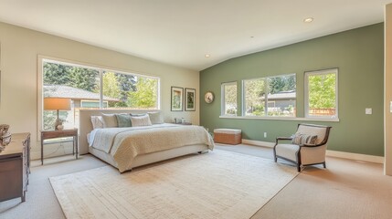 Fototapeta premium A mint green accent wall in a contemporary bedroom, complemented by neutral decor.