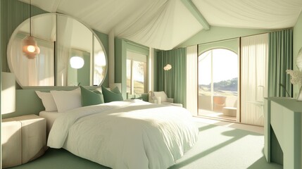 A mint green and white-themed bedroom with soft natural lighting and cozy linens.