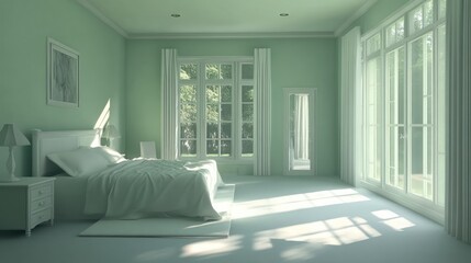 A mint green and white-themed bedroom with soft natural lighting and cozy linens.