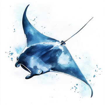 Watercolor manta ray floats peacefully in blue artistic style