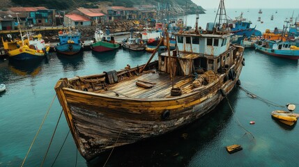 Fototapeta premium Old Fishing Boat Moored in Tranquil Harbor with Colorful Background