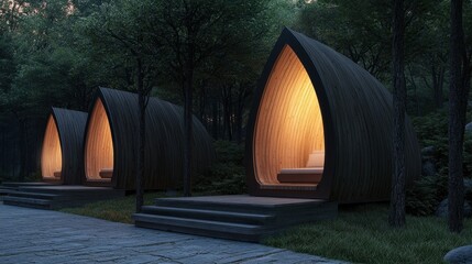 Modern Wooden Cabins Nestled Among Trees at Twilight