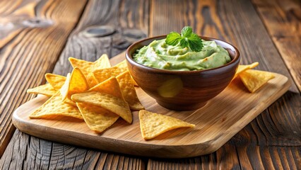 Closeup of creamy avocado dip with tortilla chips and colorful nachos on a wooden board , nachos, brown,  nachos, brown