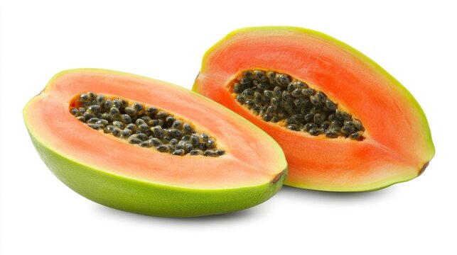 Freshly sliced papaya showcasing vibrant orange flesh and black seeds on a clean white background - Powered by Adobe