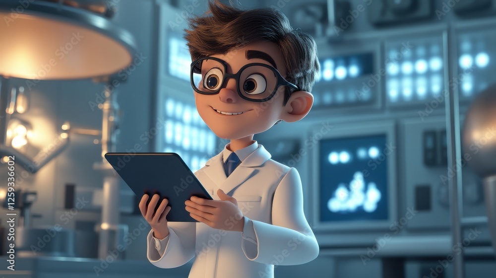 Poster enthusiastic young scientist using tablet in modern laboratory setting