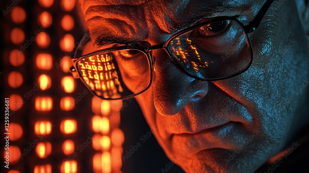 Poster Software developer working late reflecting code in glasses